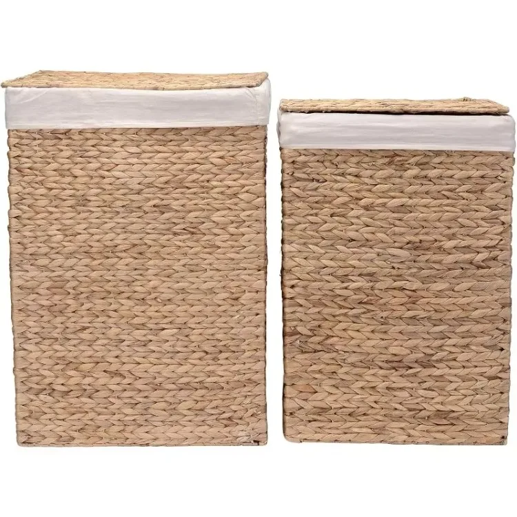 Handmade Wicker Laundry Hampers - Set of 2 Water Hyacinth Storage Baskets with Integrated Handles, Removable Liners