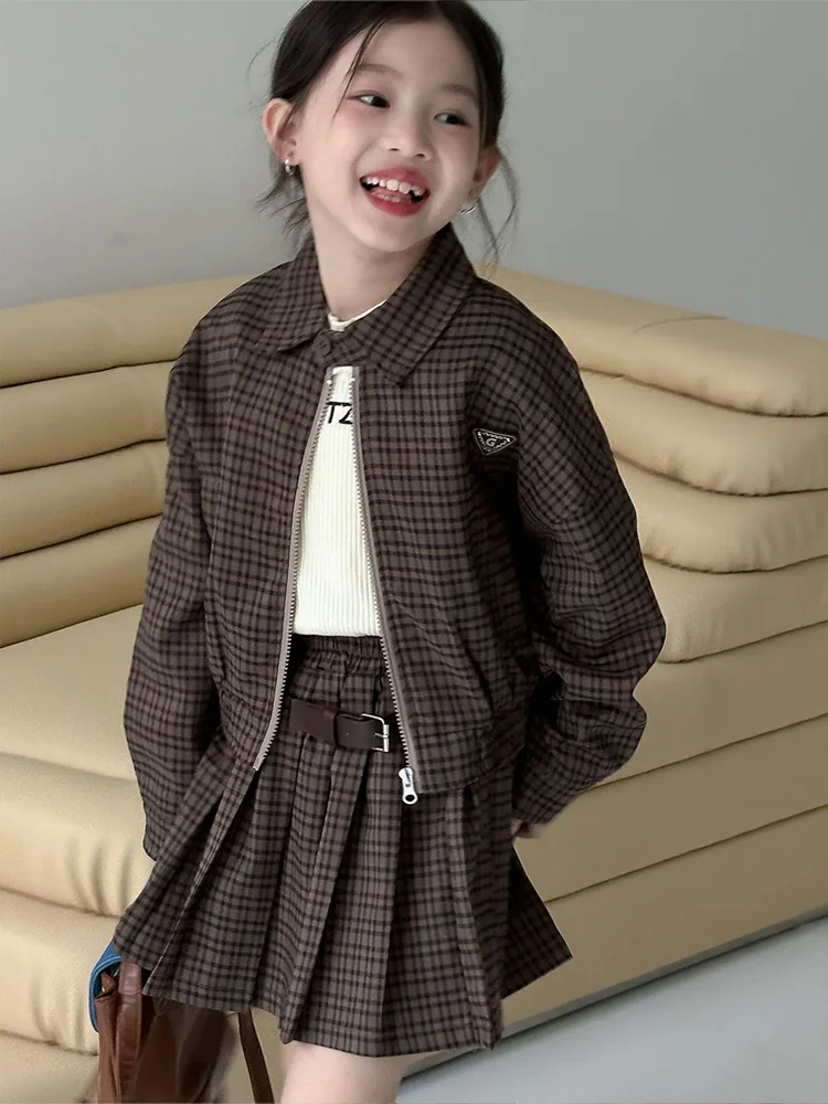 

2-8Y Girls Set 2024 Autumn Girls Suits Plaid Jacket Coat Pleated+Skirt Two-piece Set for Children Fashion