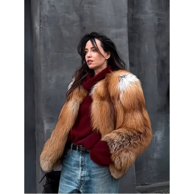 

Женская зимняя роскошная шуба из красного лисьего меха с отложным воротником, зимняя куртка