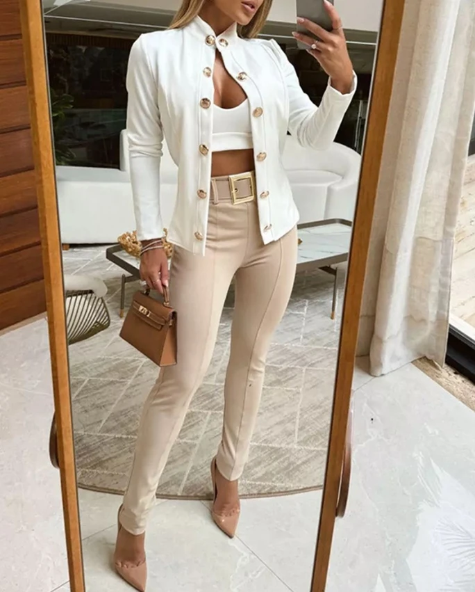 Elegant New Fashion 2024 Autumn Winter Spring Casual Female Clothing Outfits Metal Button Front Stand Collar Slim Fit Coat