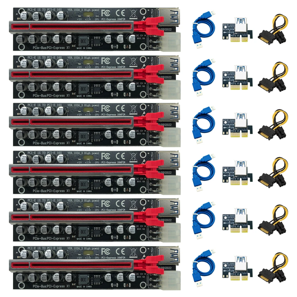 

6PCS PCIE Riser for Video Card Riser PCI Express X16 Extender 12 Capacitor Dual LED Indicator USB3.0 Cable 6Pin Power for Mining