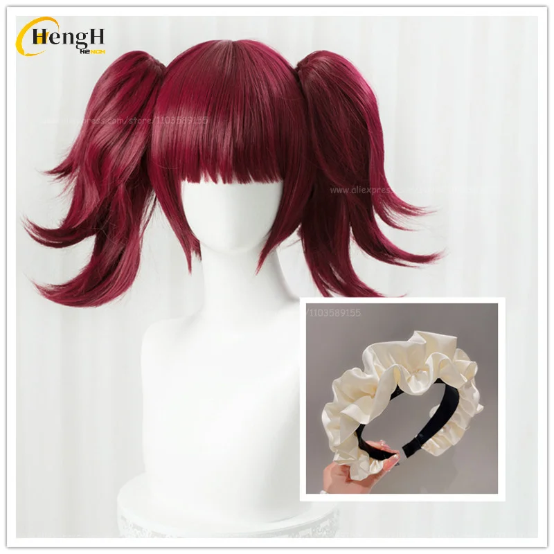 

In Stock Synthetic Anime Mey Rin Cosplay Wig Short 35cm Wine Red Double Ponytail Wig And Glasses Heat Resistant Hair Party Wigs