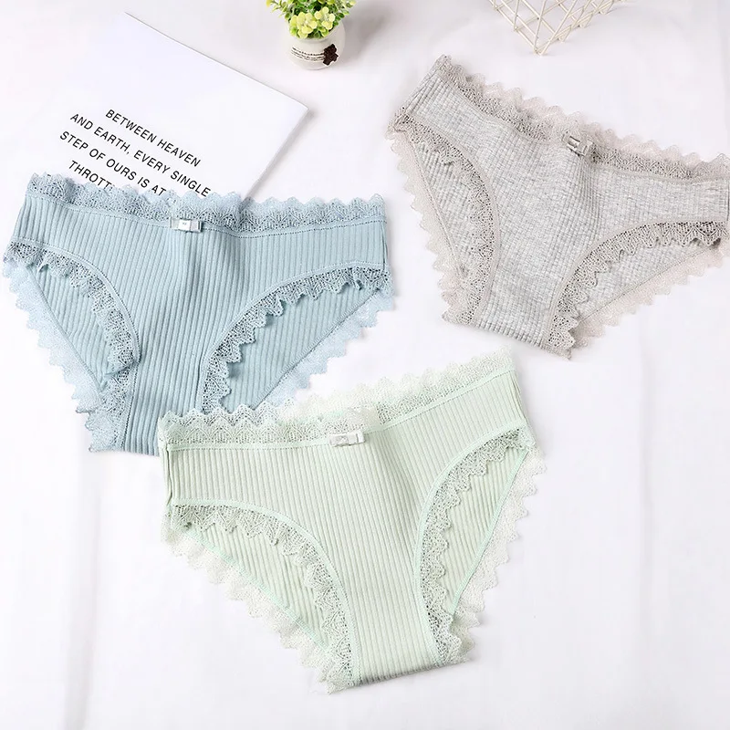 

Women's Threaded cotton Seamless underwear Lace Mid-Waist Striped Sport Briefs Female Breathable Comfortable triangle panties