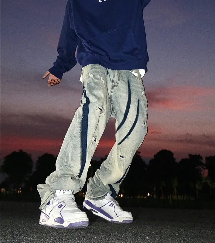 American High Street Vintage Mud Color Ripped Jeans Loose Straight Leg Long Trousers Men's Fashion Brand Design Sense