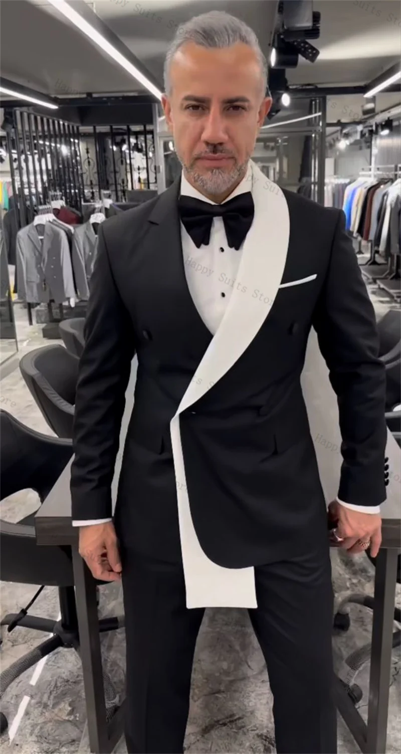 Black White Men Suit Set 2 Pieces Blazer+Pants Trousers Double Breasted Coat Wedding Tuxedo Formal Office Customized Jacket
