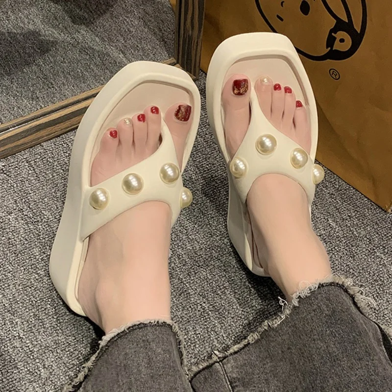 Shoes for Women 2023 High Quality Summer Women's Slippers Solid Color Beadwork Water Proof  Open Toe High Heels Thong Slippers