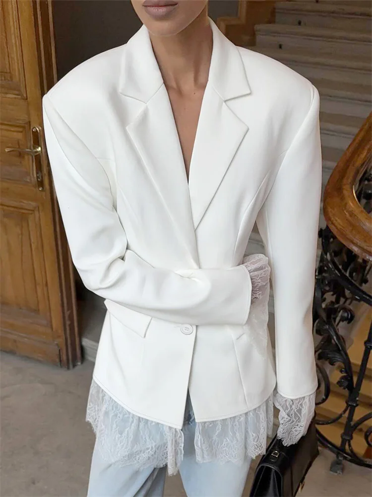 Spring Lace Patchwork Blazers Coat For Women Lapel Commute High Waist Long Sleeve Printed Streetwear Female Suit Outwear