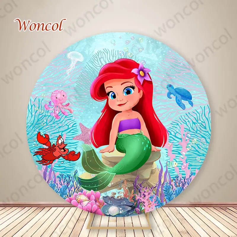 Baby Ariel Round Cover Baby Birthday Mermaid Photo Backdrop Undersea Little Mermaid Cylinder Cover Decor Photography Prop