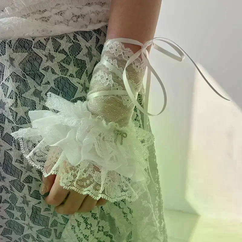 سترة الفتيات الإناث مزينة الأكمام وهمية الجوف خارج الكروشيه الأزهار الدانتيل القرن الأصفاد التطريز الإنتفاضات المرنة #4