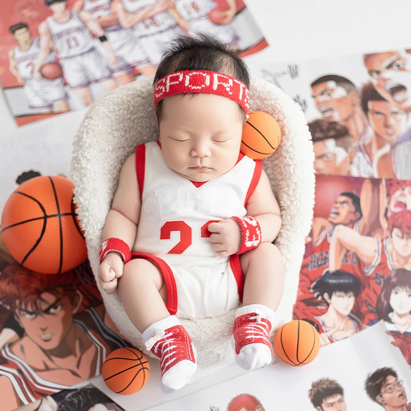 Summer Newborn Photography Sports Theme Basketball Uniform Set Japanese Anime Poster Props Cool Guy Style Newborn Artistic Photo