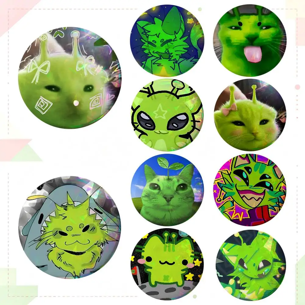 Cute Green Alien Cat Round Badge Lapel Pin Backpack Clothing Jewelry Accessories Gift Brooch
