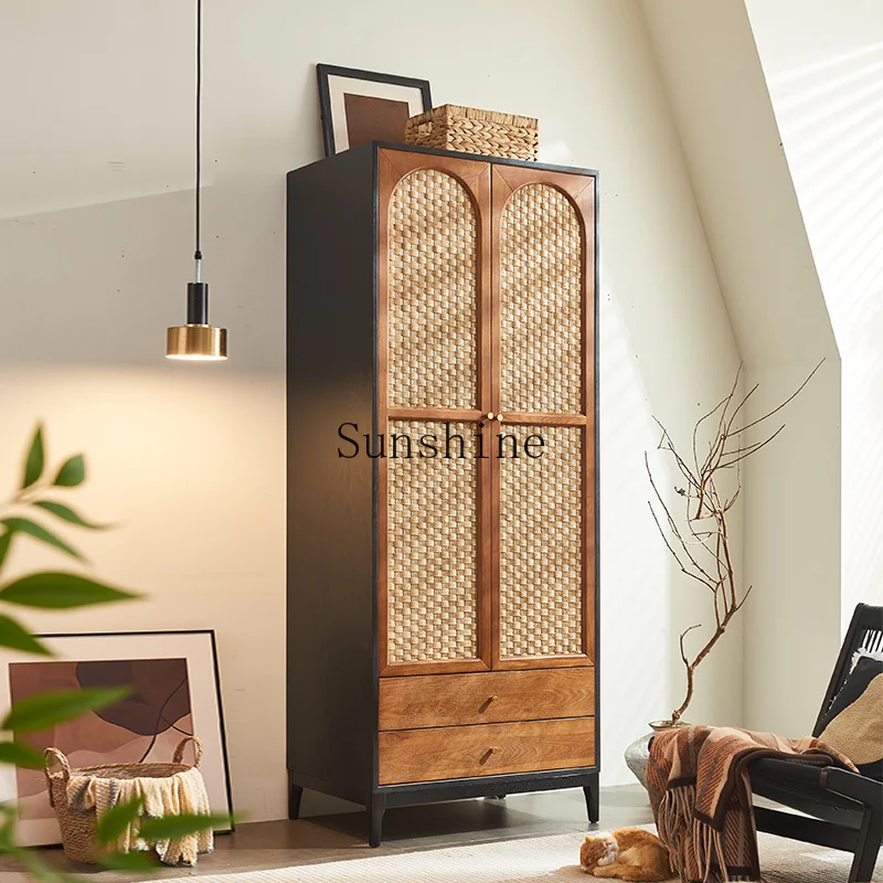 

Medieval style solid wood rattan storage locker wabi sandy style retro cabinet