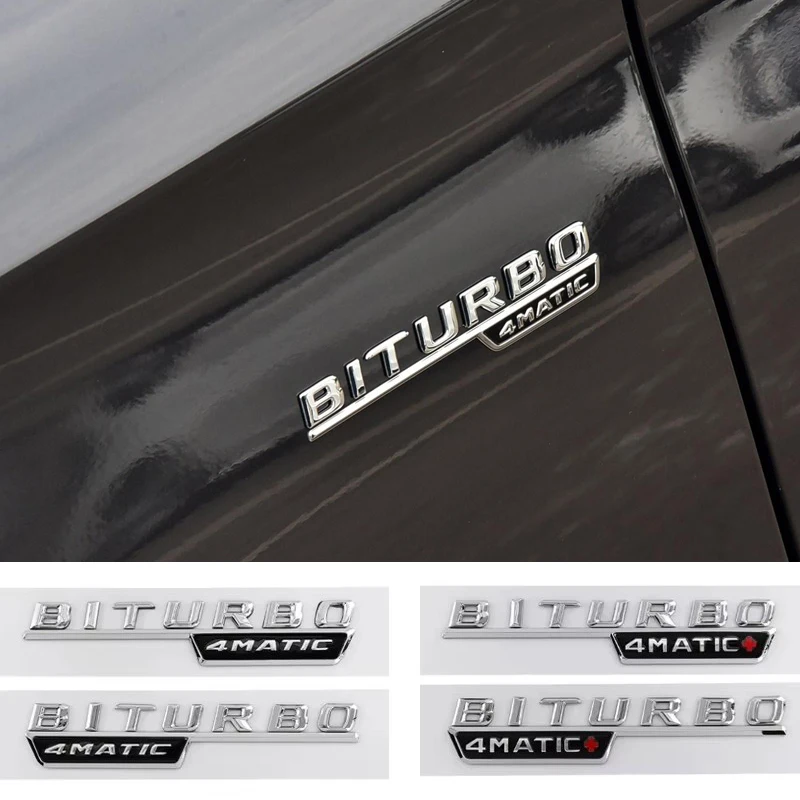 

2pcs Car 3D Logo Letters Fender Trim Badge BITURBO 4MATIC+ Plus Emblem Stickers For Mercedes Benz AMG C43 E43 GLE43 GLC43 W205