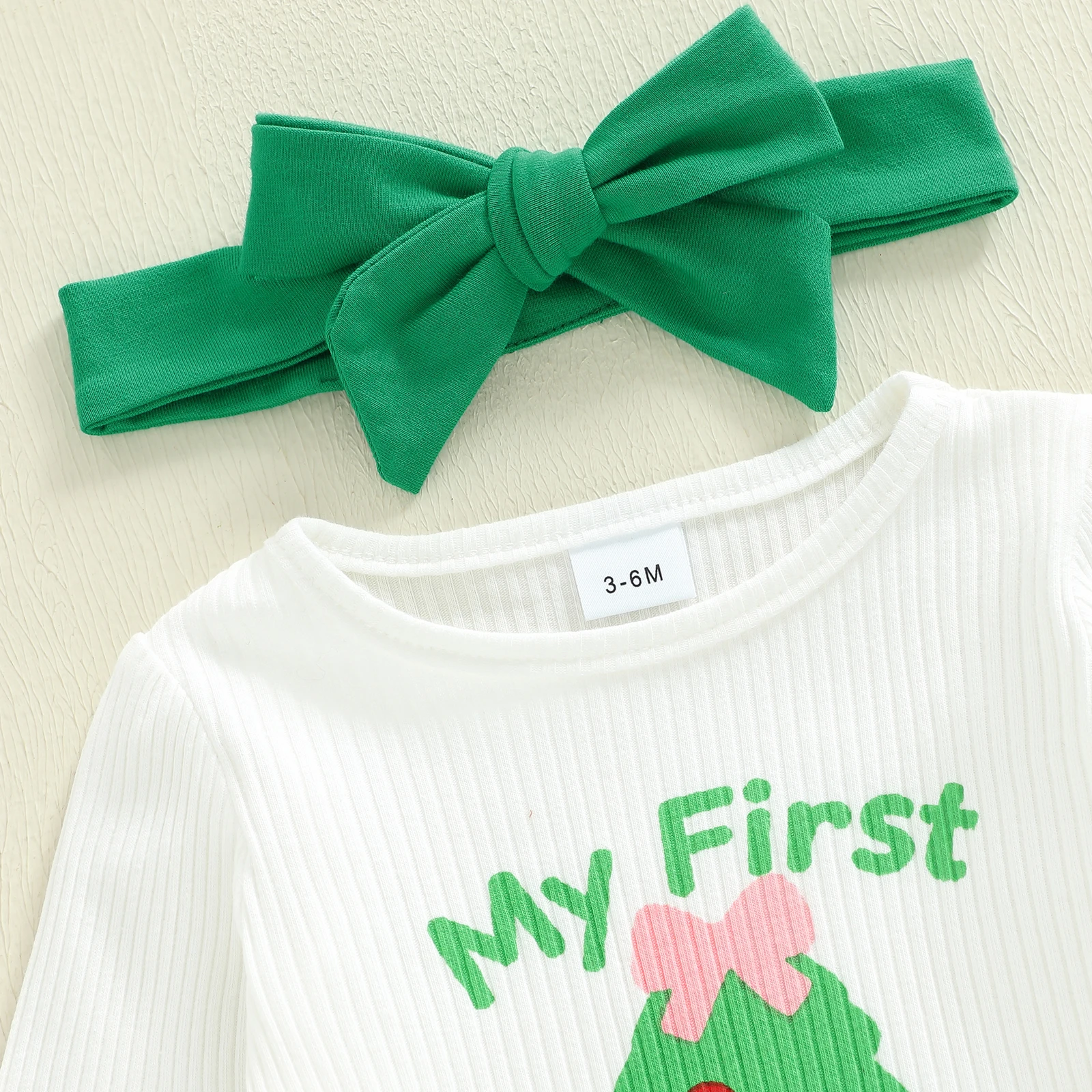 Tregren Infant Baby Girl First Christmas Outfits Long Sleeve Romper with Tree Pattern Flare Pants and Bow Headband 3 Pcs Set