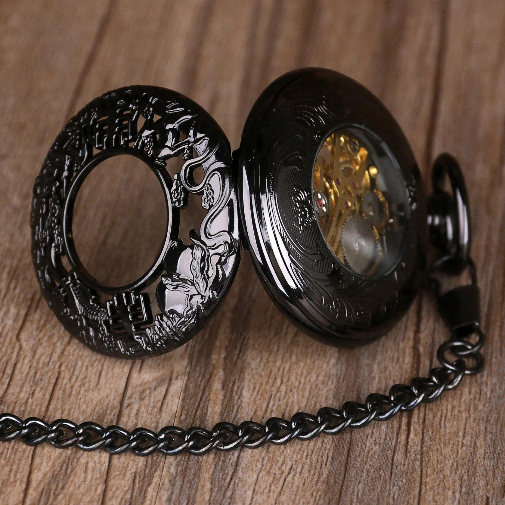 Orologio da uomo accessorio retrò Orologio da tasca con orologio completamente nero con catena FOB Regalo souvenir con ciondolo collana al quarzo alla moda unica