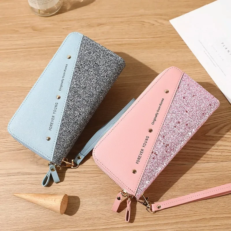 Luxury Long Wallet For Women Patchwork Sequin Clutch Glitter Double Zipper Pu Leather Ladies Phone Bag Card Holder Coin Purse