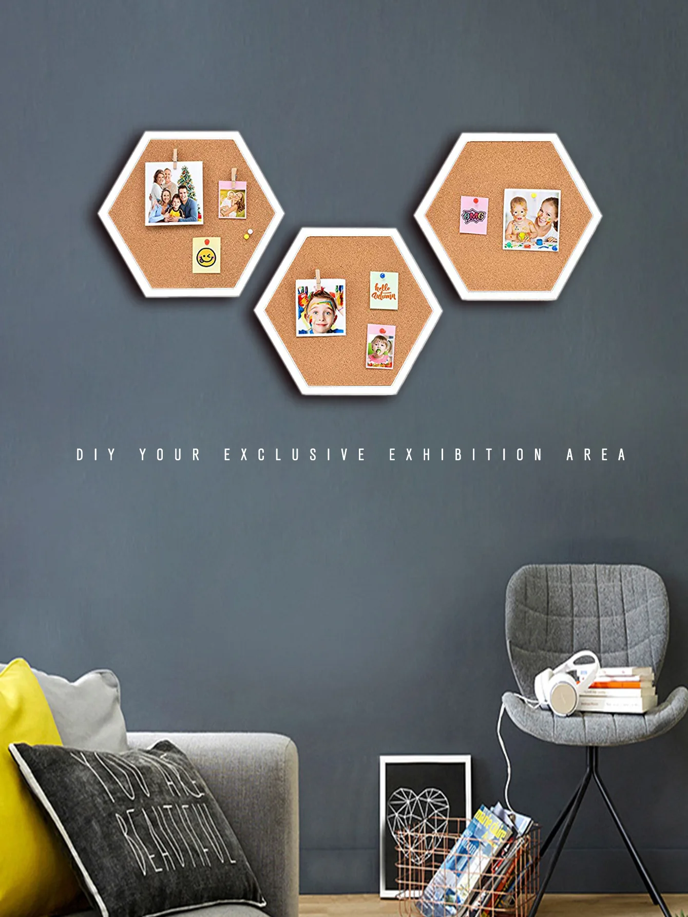 White Wood Frame Cork Board Equilateral Hexagon Pin Boards Decorative Postcard Wall Bulletin Board Innovative Message Boards