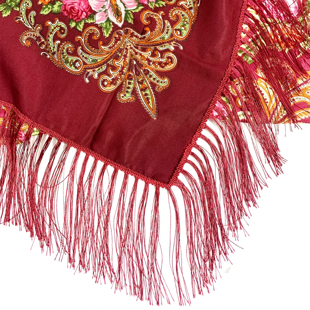 135*135 Russian National Square Scarf Women Luxury Floral Print Fringed Ukrainian Shawl Babushka Handkerchief Head Wraps