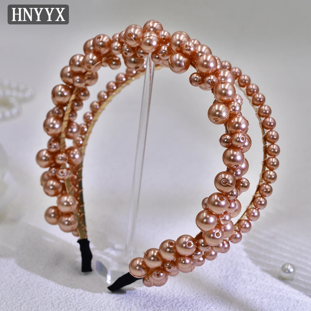 

HNYYX Vintage Pearl Bride Headband Hair Accessories Champagne Color Women Hair Hoop Double-layer Beaded Wedding Headband YXA07