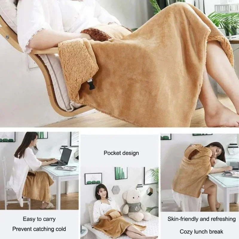 USB Electric Blanket Winter Warming Blanket  Rechargeable Portable Flannel Heating Blanket with Pocket Warmer Knee Blanket