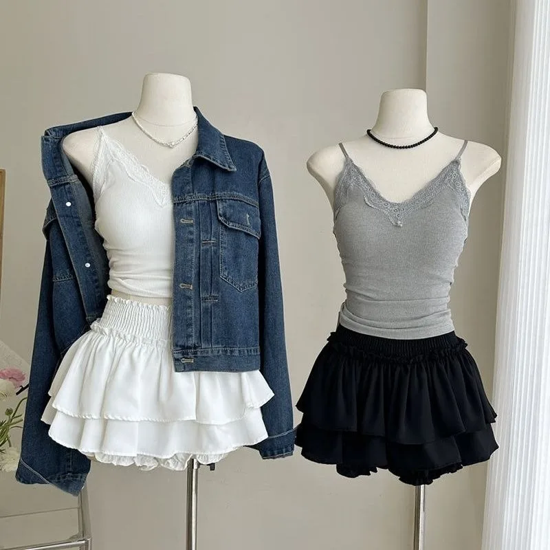 Skirts Women with Lining Kawaii Ruffles Cute Girl College Streetwear Japanese Fashion Lovely Mini Faldas Elastic Waist Summer