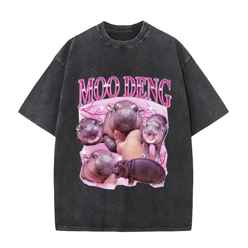 Washed Vintage I Love Moo Deng Funny Meme Print T-shirt Men Women Baby Hippo Lover Graphic T Shirt Men's Casual Oversized Tshirt