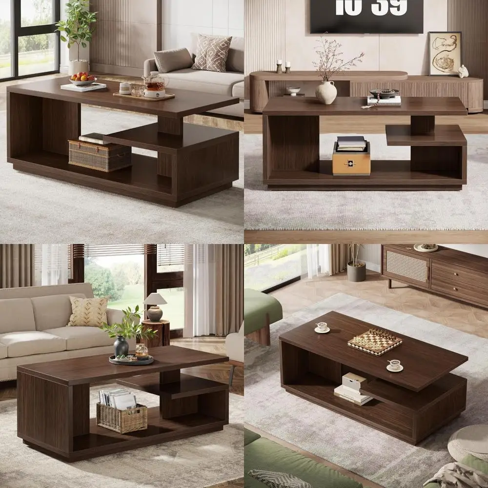 

Mid-Century Modern 3-Tier Wooden Coffee Table with Storage Shelf, Thick Rectangle Center Table for Living Room