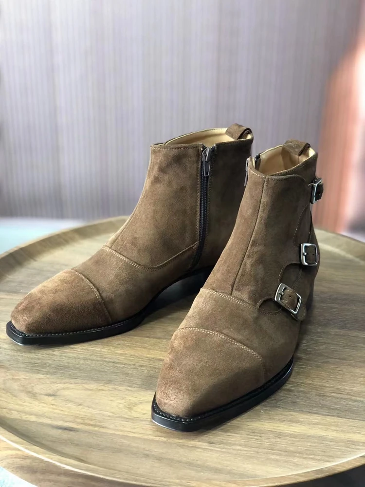 Cie tri-strips Chestnut Beveled Waist/Fiddle-back Ankle Boots Leather Sole Men High Quality Can Custom Handmade Footwear MA19