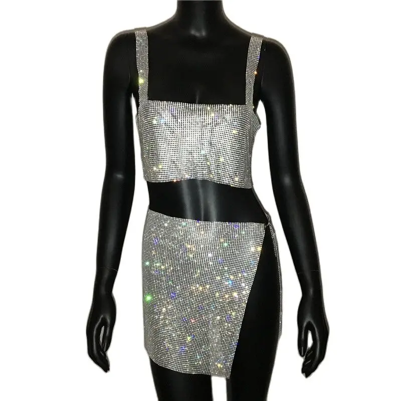FestivalQueen Women\'s Backless Crystal Metal Mesh 2 Piece Set Sleeveless Tank Top Split Empire Skirt Rhinestone Spaghetti Strap