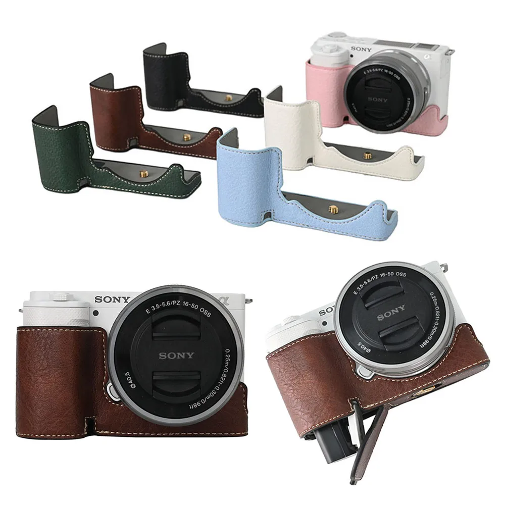 ZVE10 PU Leather Camera Half Body Case for Sony ZVE10 ZV-E10 Magnetic Bottom Opening Cover