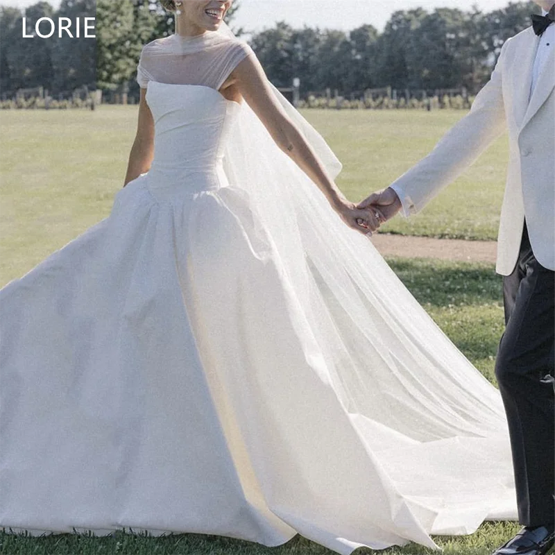 

LORIE Tulle Illussion Wedding Dresses A-line High-Neck Short Sleeve Elegent Bridal Gown Floor-Length Bride Gowns Customized