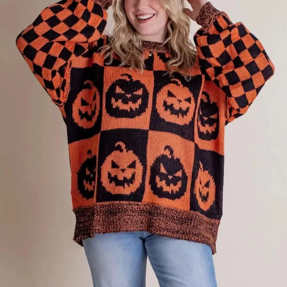 Autumn Sweater Spooky Pumpkin Ghost Plaid Sweater Oversized Crew Neck Halloween Knitwear Haunted Checkered Long Sleeve Pullover