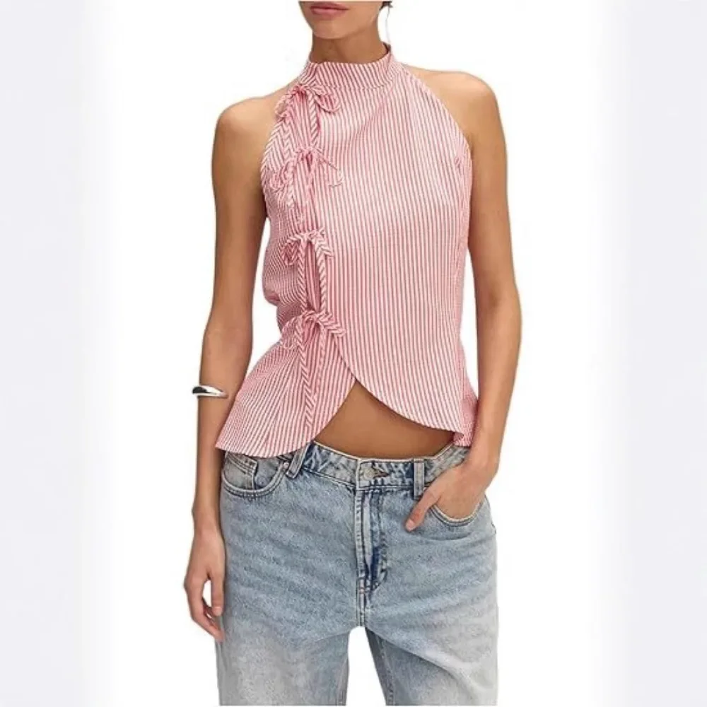 Women Striped Front Tie Strapless Backless Asymmetric Hem Tank Top Blouse Loose Fit Solid Color Casual Daily Streetwear Chic New