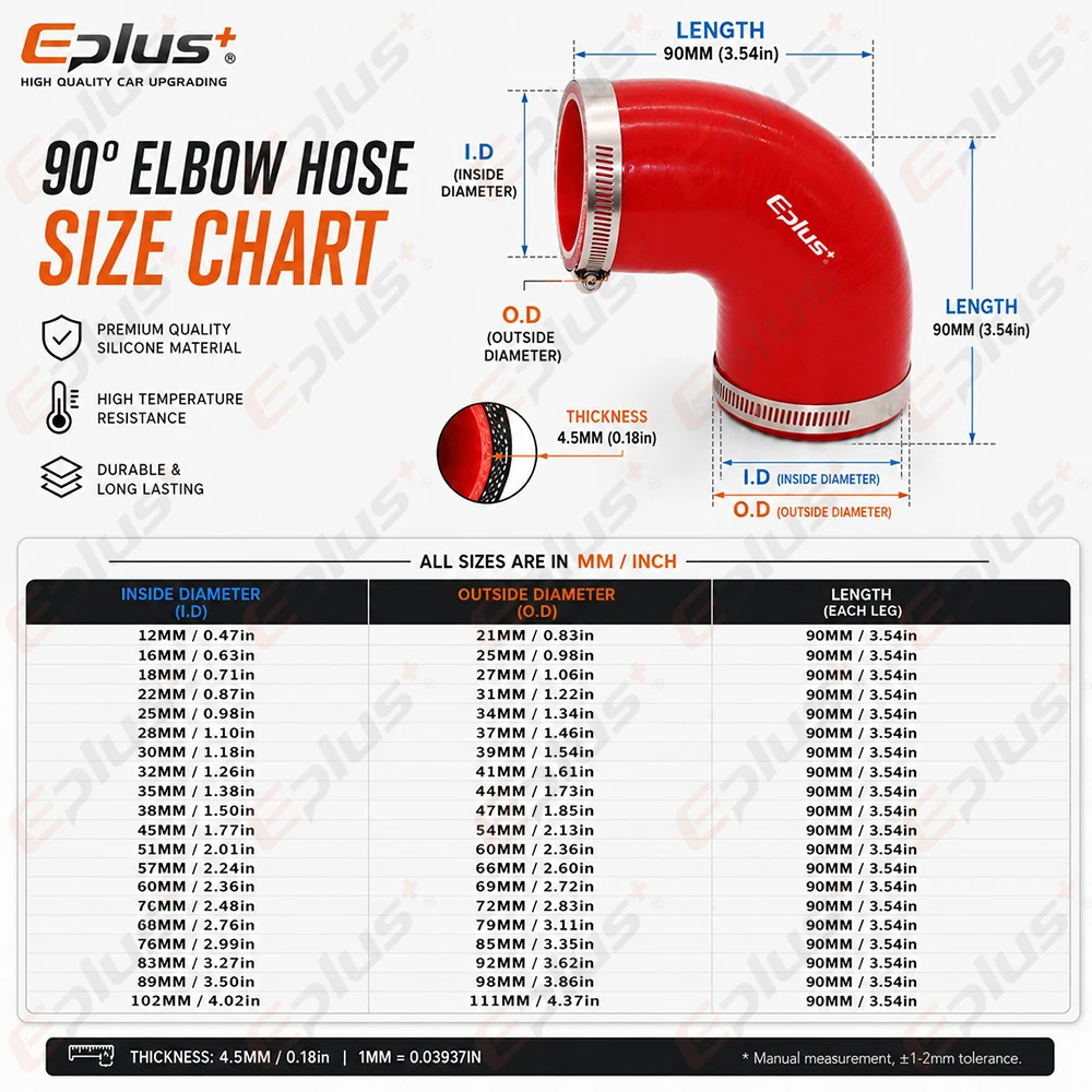 EPLUS Red  Silicone Tubing 90 Degrees Hose Coupler Universal Car Air Intake Intercooler Turbo Pipe Adapter Silica Gel Connector