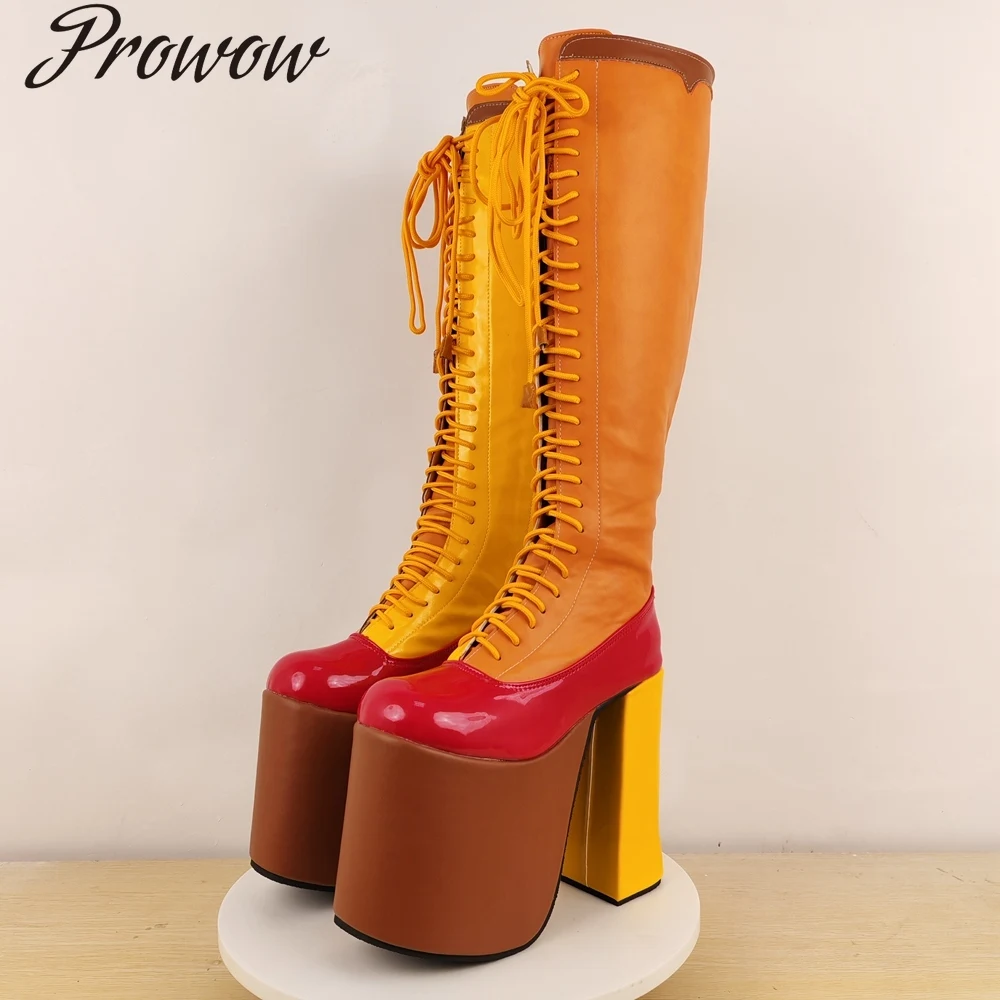 

Модные сапоги до колена на платформе и круглом высоком каблуке со шнуровкой и цветными блоками, женская обувь Zapatos Mujer