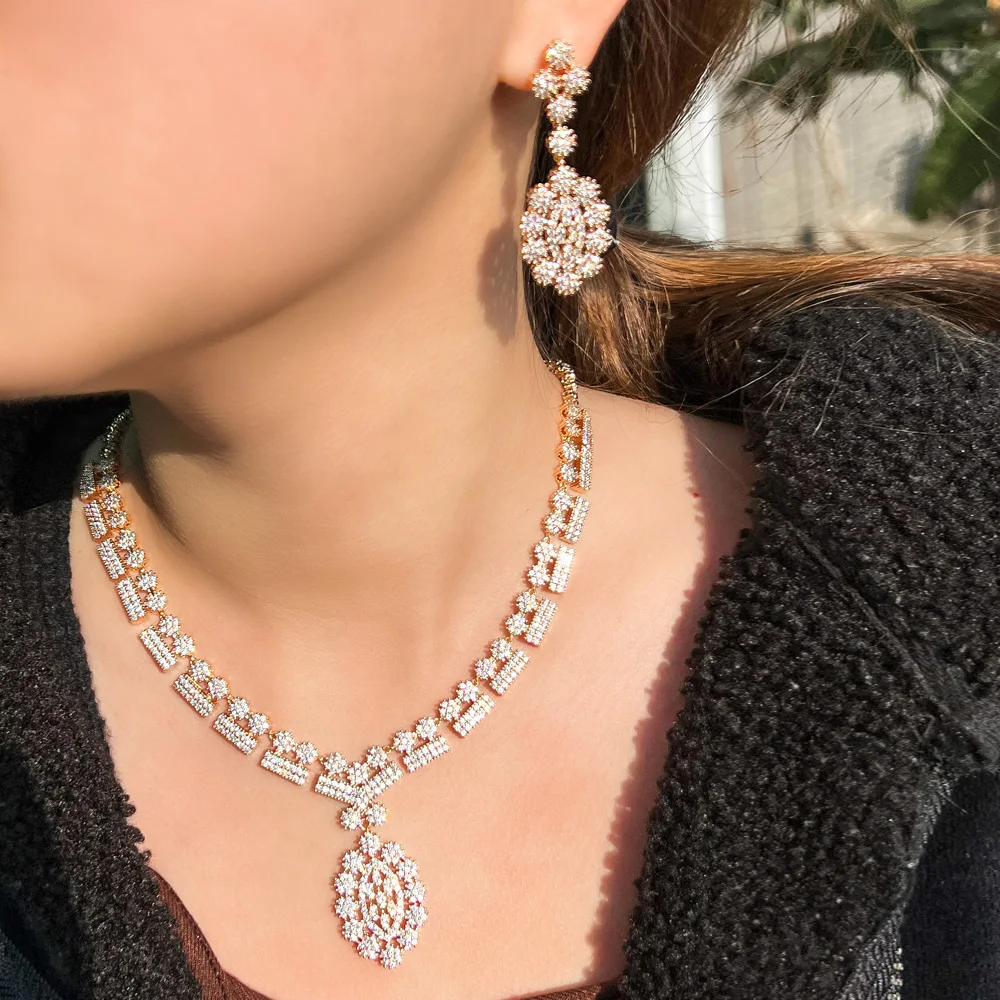 CWWZircons Full African CZ Crystal Bridal Wedding Necklace Earrings Dubai Gold Color Costume Jewelry Sets for Women T106
