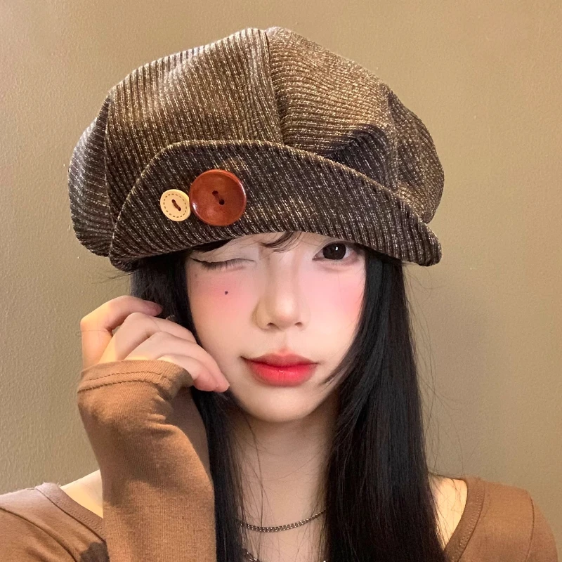

Cute Button Design Retro Corduroy Berets for Women Spring Autumn Casual Versatile Show Face Small Maillard Coffee Painter Hat