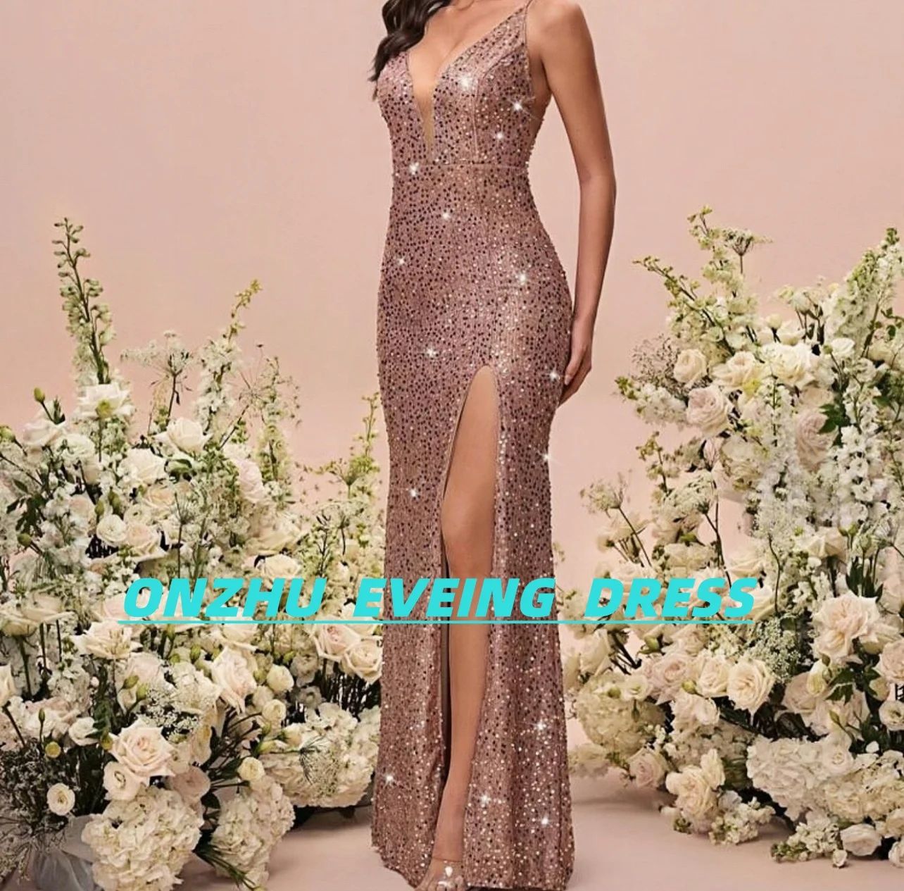 

Customized V-neck sleeveless mermaid slit gorgeous women evening dress dresses for special occasions
