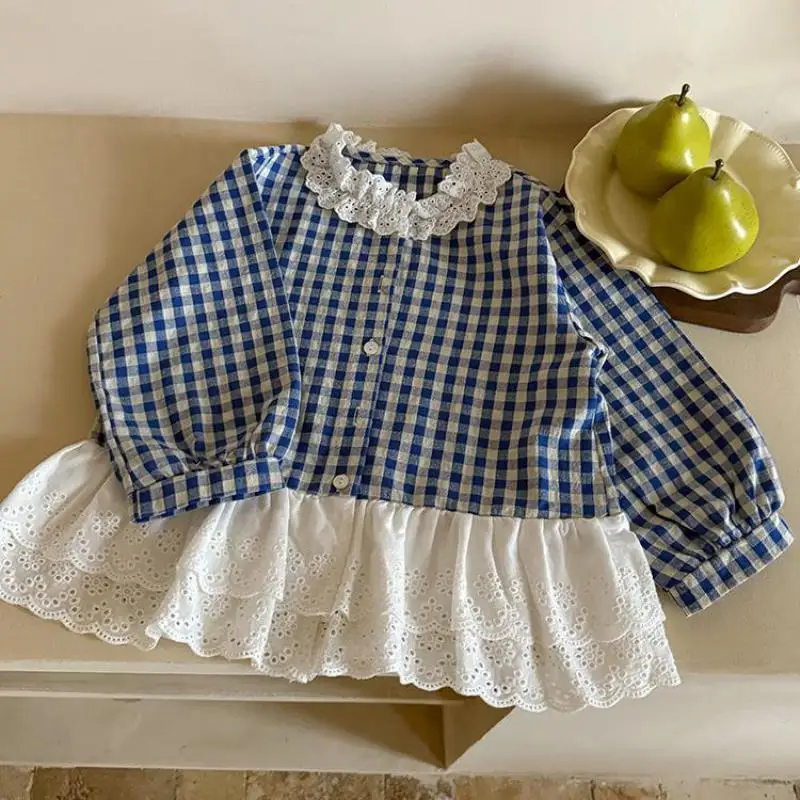 

2025 Autumn New Girls Lace Collar Plaid Shirts Cotton Children Long Sleeve Shirts Baby Girl Cute Splicing Blouse Kids Clothes