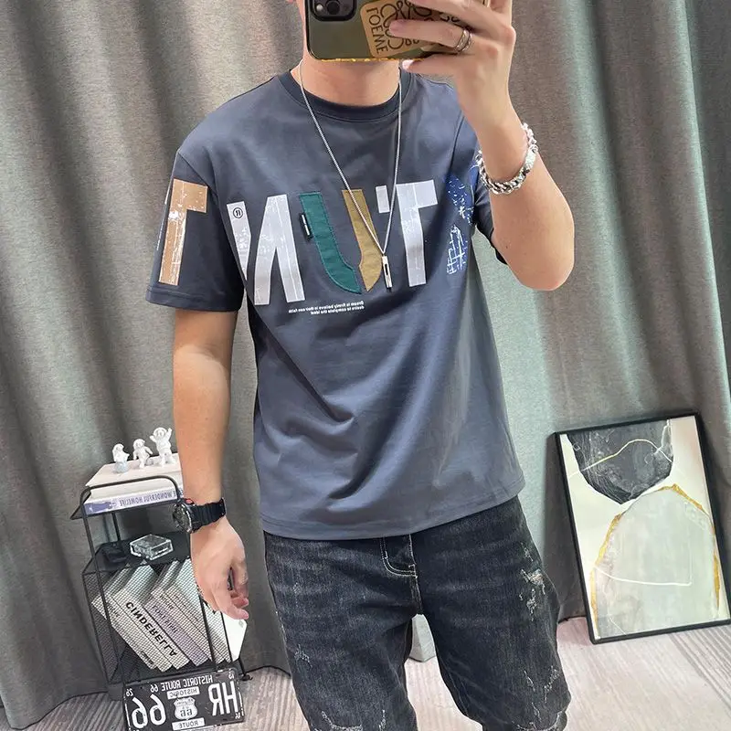 2023 Summer New Fashion Street Letter Printing T-Shirts Man Korean Style Round Neck Short Sleeve Loose Casual Cotton Pullovers