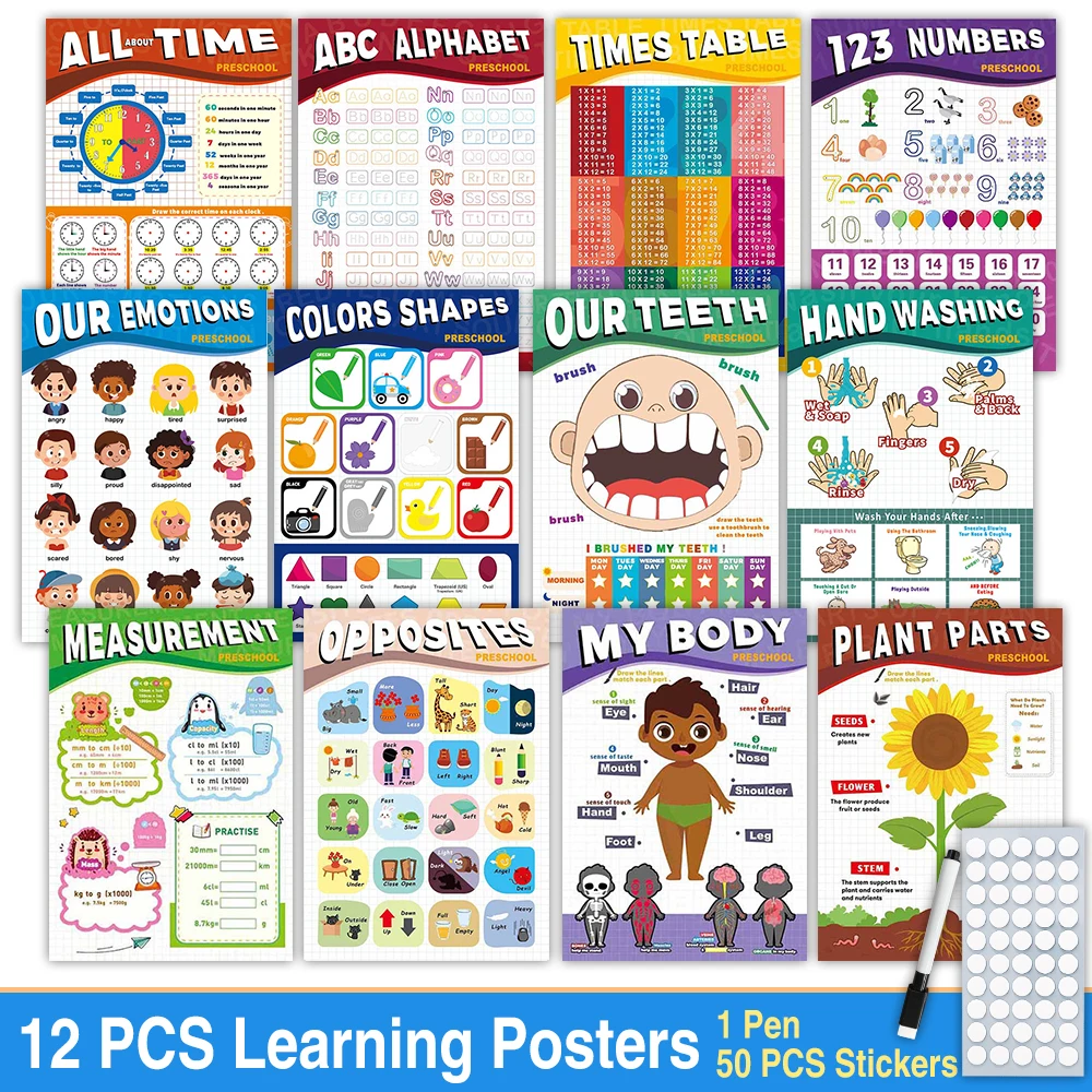 

12 Pcs Educational Posters for Kids Early Education Teaching Aids Kindergarten Nursery Home-school Supplies Classroom Decoration