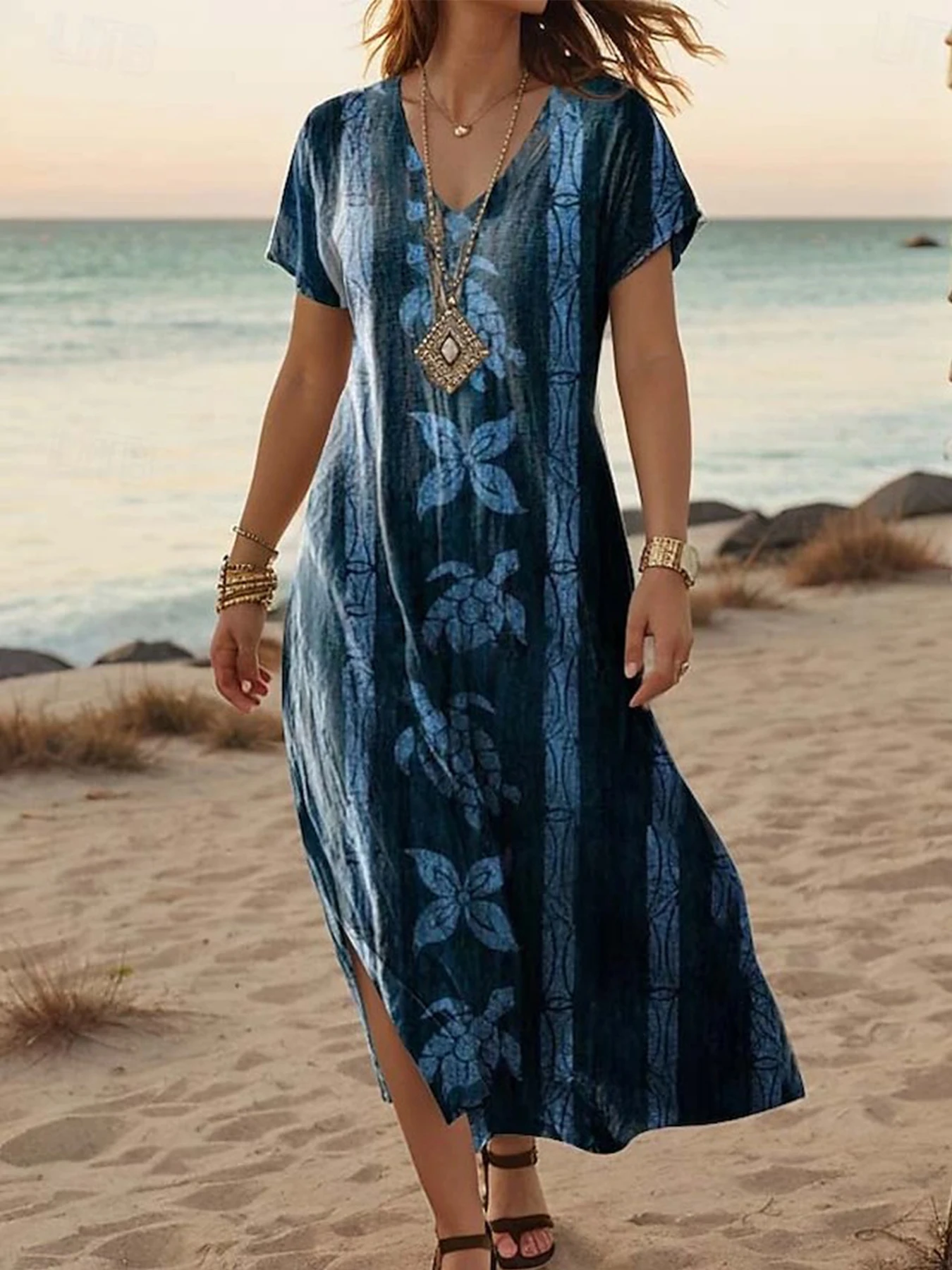 فستان ماكسي نسائي أنيق صيفي كاجوال بأكمام قصيرة فستان صيفي على شكل حرف A ورقبة على شكل V مطبوع للشاطئ فستان تي شيرت موضة 2025