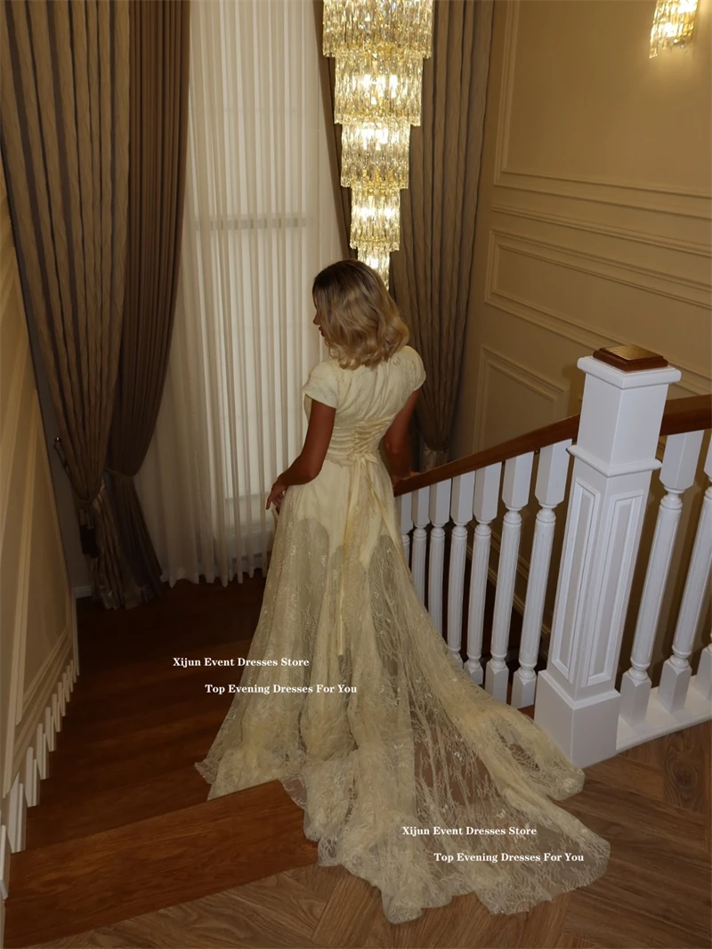 Xijun Yellow Lace Long Evneing Dresses Short Sleeves High Collar Dubai Prom Dresses Saudi Arbric A-Line Prom Gowns Customized