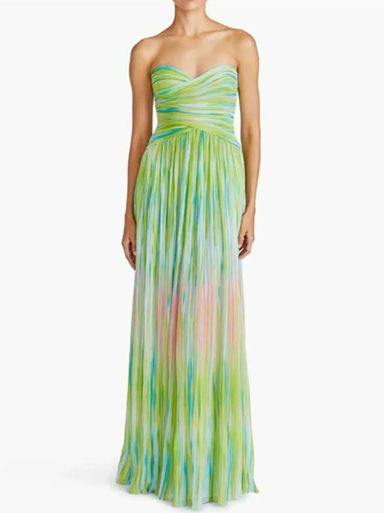 

Casual Backless Hollow Out Holiday Dress Summer Striped Printed High Waist Long Dress Sexy Lady Strapless Pleated Evening Dress