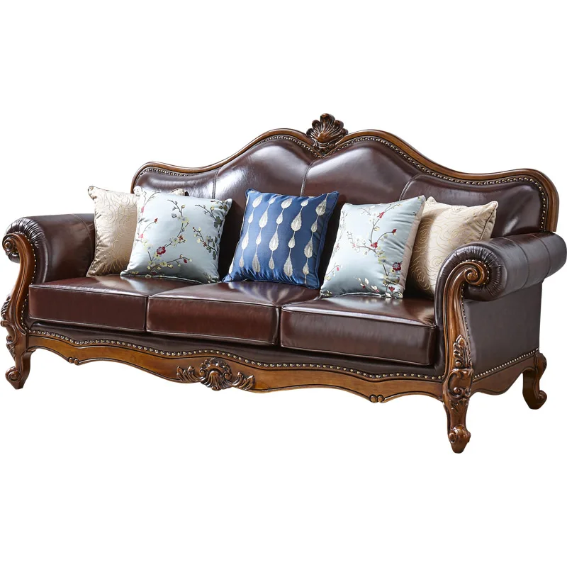 

Leather sofa three-person simple and beautiful style all solid wood 3-person living room furniture brown first layer