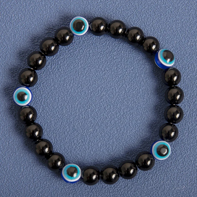 15pcs 8mm Glaze Evil Eye Blue Eyes Black Beads Elastic String Bracelet for Women Men Jewelry wholesale