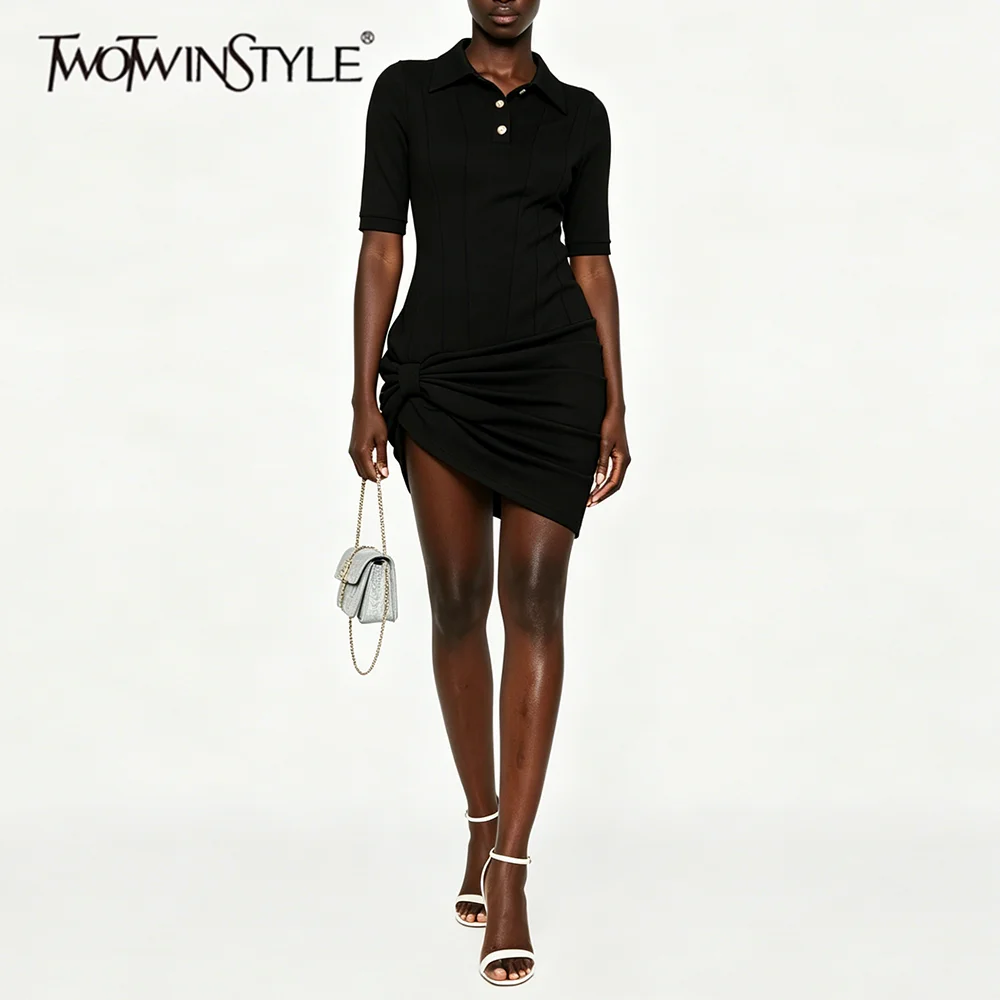 TWOTWINSTYLE Street Style Black Twist Ruched Mini Dress for Women Polo Collar Midi Sleeve Knit Bodycon Skirt for Casual Shopping