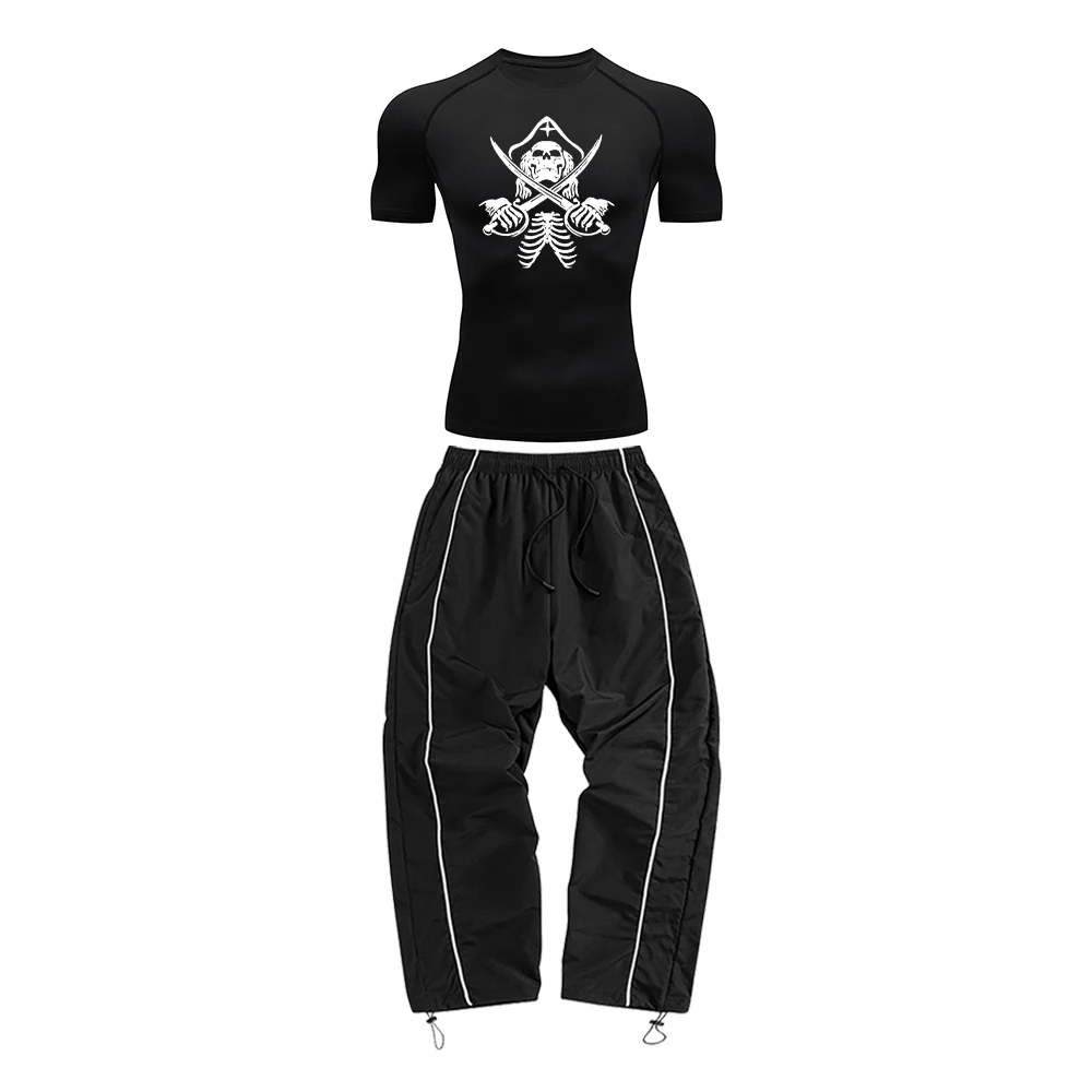 

Summer Fitness Set With Creative Print Men's Sportswear Set Including Quick-Drying Short-Sleeved And Drawstring Trousers