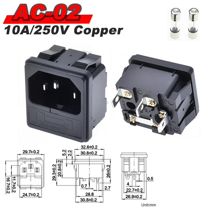 IEC 320 C13 C14 AC-Einlass-Netzsteckdose, 250 V, 10 A, Sicherung, rote Lampe, Wippschalter, wiederverdrahtet, 3-polig, elektrisch, männlich, weiblich