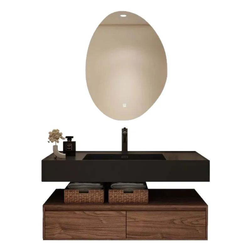 

Nordic Black Walnut Bathroom Cabinet Combination Bathroom Washbasin Rock Integrated Washbasin Vanity Sink Corner Storage Wooden